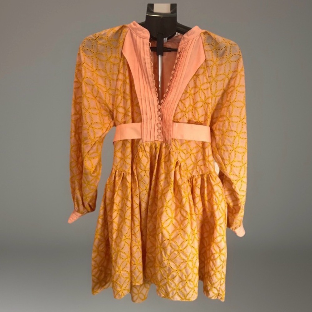 Aofur Knitting  Mini Cotton  Pockets Dress Pink and Orange embroidery- XS